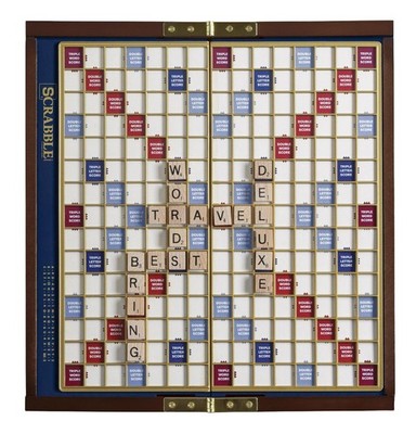 Deluxe Travel Scrabble Game Set | Compact Wooden Case, Hidden Storage, Magnetic