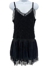 Urban Mango Black Lace Sequin Slip Dress L Smocked Bodice Tiered Gothic Party