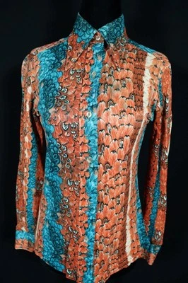 Blouse Vintage Années 1970 Colorée En Soie Avec Imprimé Plumes Taille M - Photo 1/3
