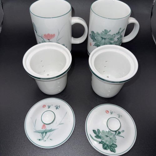 Ceramic Tea Cups w/ Lids & Infusers Water Lilly & Floral Designs Set of 2 10 oz - Picture 5 of 8