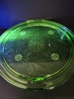 VTG Uranium Jeanette Depression Sunflower Footed Glow Green Glass Cake Plate 10"