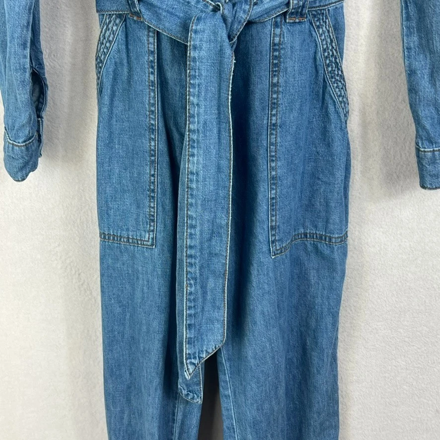 Macacão feminino Pilcro Anthropologie XS azul denim com cinto botão 100% algodão - Imagem 3 de 4
