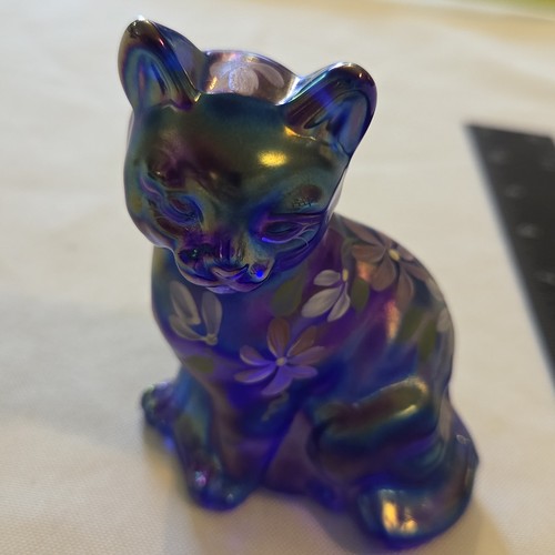Vintage Fenton irisierende Glas Katze handbemalt Blumen Kunst Figur signiert S Davis - Bild 3 von 22