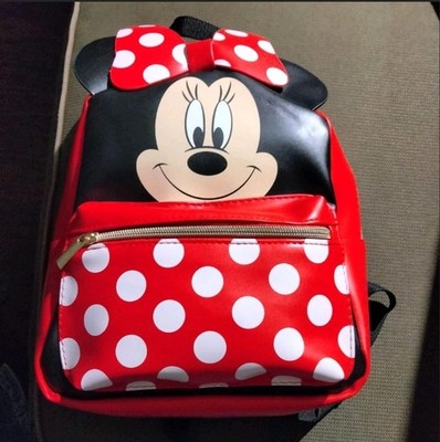 Disney Minnie Mouse Polka Dot Kids Backpack Faux Leather Red Bow Accent
