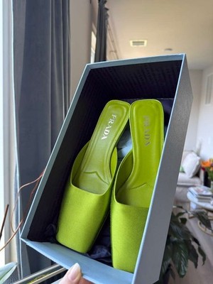 Prada Satin Mules Lime Green Size 38.5 Made in Italy Box Dust Bag MSRP $1120