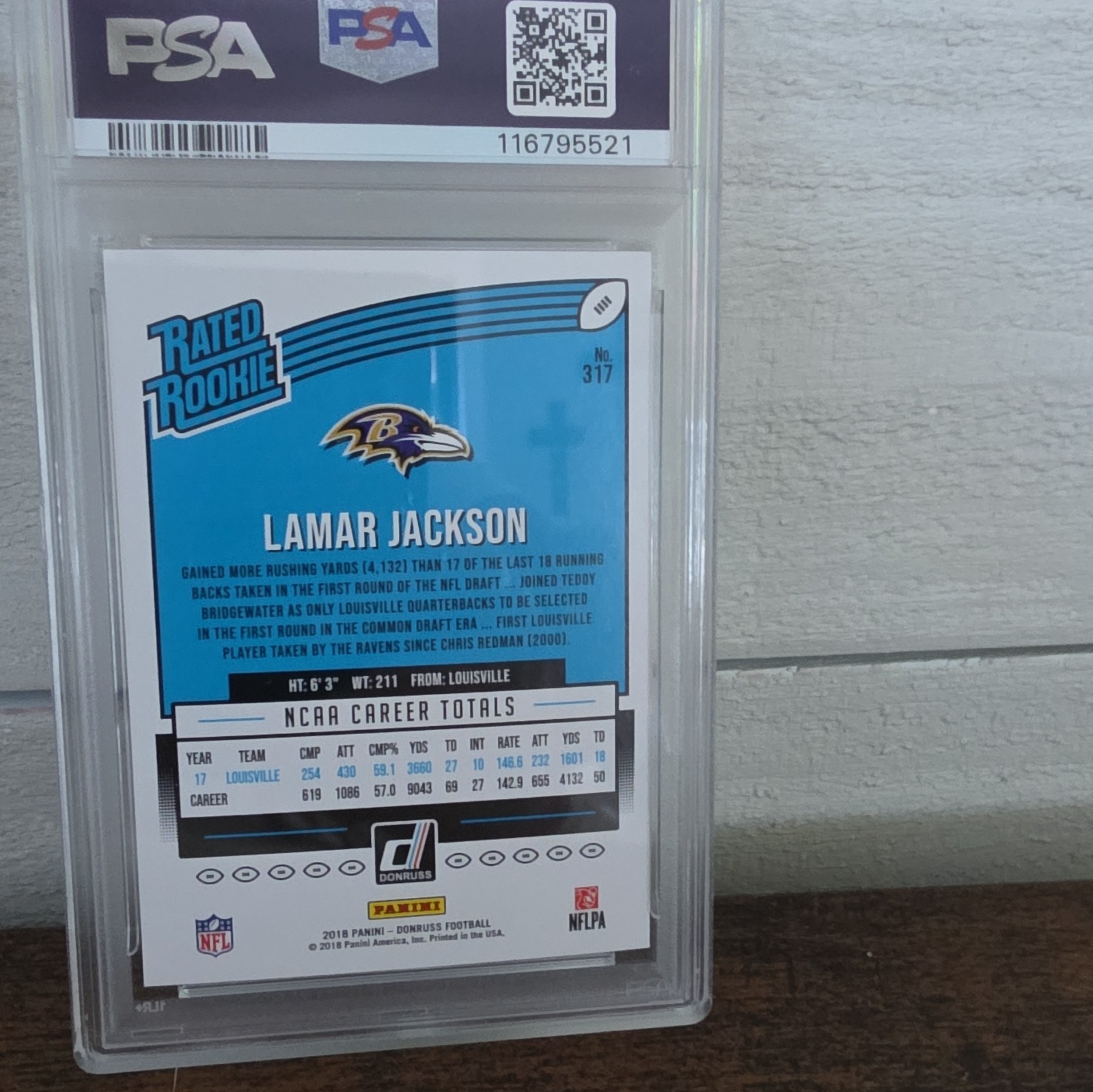 2018 Panini Donruss Rated Rookie Lamar Jackson #317 (RC) PSA 9 view 4