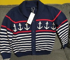 Janie and Jack Boys Nautical Knitted Cardigan Size5 Navy Blue Anchor Striped NWT