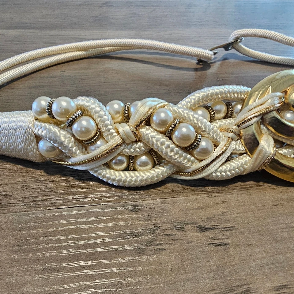 Cinturón Mujer Vintage Años 80 Talla 1X Tono Oro Blanco Trenzado Tejido Glam Rock Cuentas Foto 3 de 4