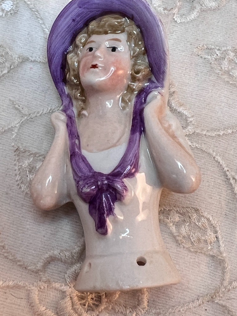 Vintage German Porcelain Pin Cushion Doll Purple Hat Half Doll Approx 2.25"H