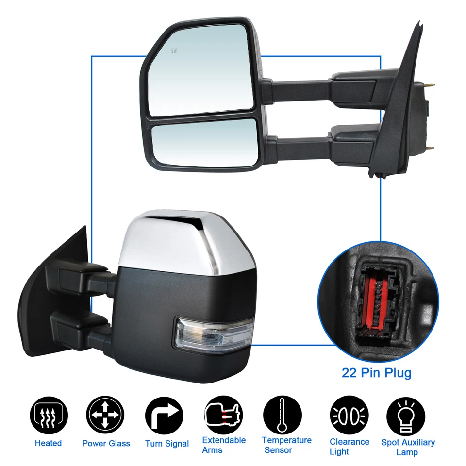 Pair Towing Mirrors For 2017-2020 Ford F-250 F350 Super Duty Power Heated Chrome - Image 2 of 4
