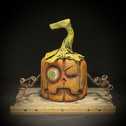 Wood Carving Folk Art Whimsical Pumpkin Halloween Decor - Picture 1 of 10