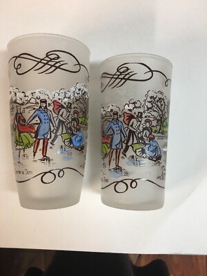 VINTAGE CURRIER & IVES FROSTED 12OZ And 10Oz DRINKING GLASS TUMBLER ICE ...