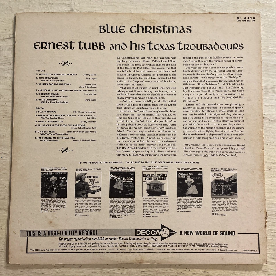 RARE Ernest Tubb Blue Christmas LP Decca Mono Holiday + Inner VG- - Image 4 of 4