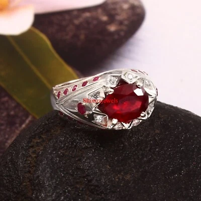 Heizbar Rubin Edelstein Mit Weiß Vergoldet Silber Ring für Herren #1225 - Bild 1 von 4