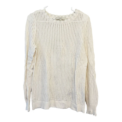 Ann Taylor LOFT White Sweater Large Womens Wool Cotton Scalloped Hem Cottagecore