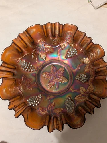 Vintage Antique Round Grape  Carnival Glass Bowl