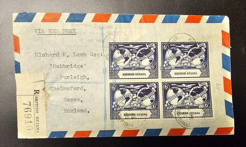 BRITISH GUIANA Registered Cover Sent to NEW YORK then to Essex England UPU BLOCK