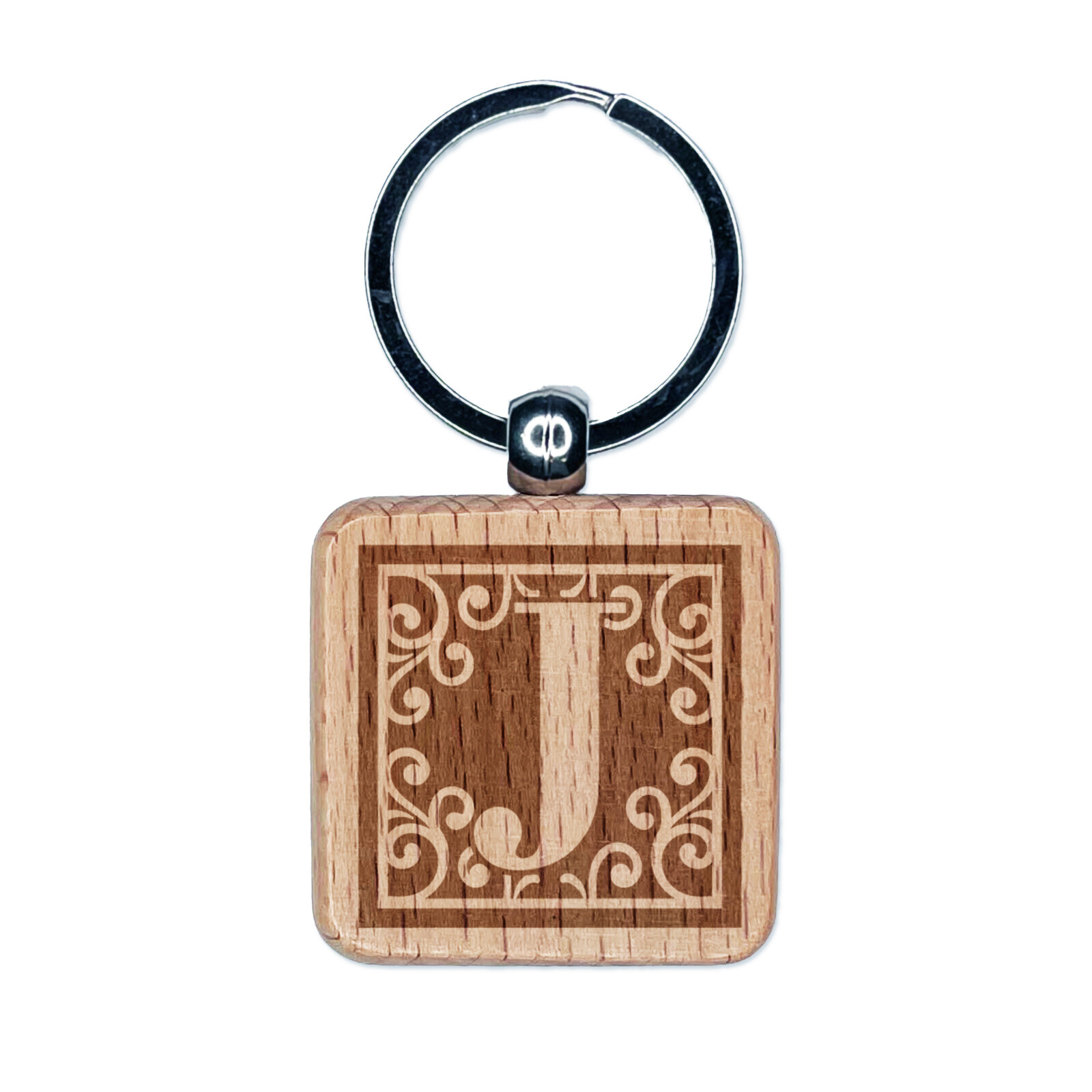 Monogram Swirls Capital Letter J Engraved Wood Square Keychain Tag Charm