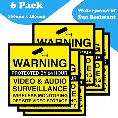 6er-Pack CCTV Warnaufkleber - 100 mm x 100 mm - ''Geschützt durch 24 Stunden Video & Audio''