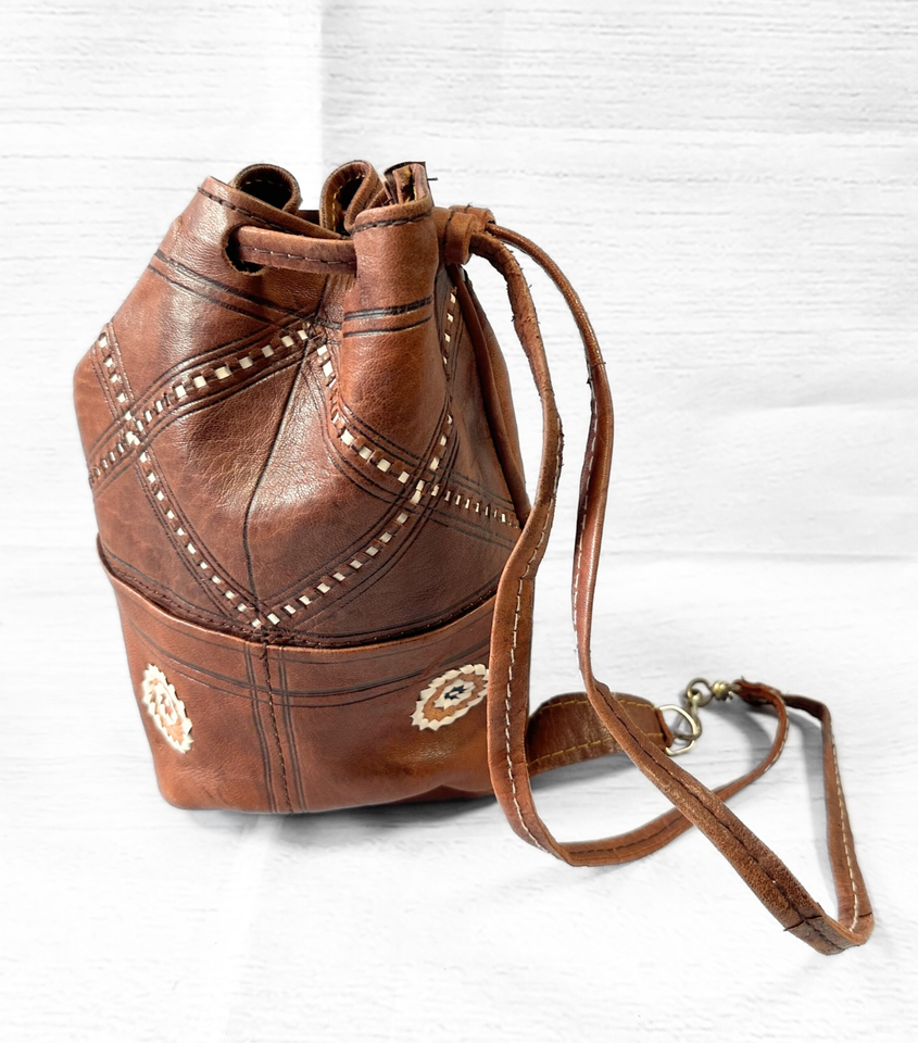 Vintage Bag 1970s Vintage Brown Leather Drawstring Bag, 1970s Bag