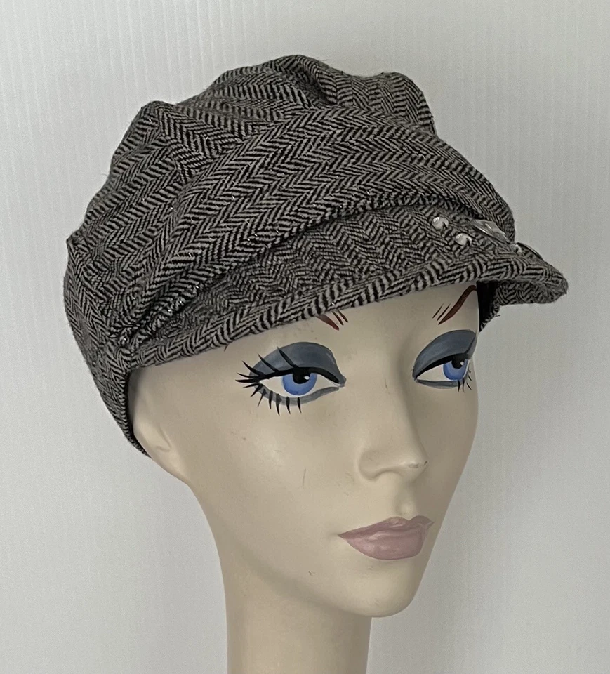 ¡NUEVO CON ETIQUETAS! Sombrero gorra de diseñador mezcla de lana tela NEGRO espiga lindo ¡ESTILO! Forrado Foto 2 de 4