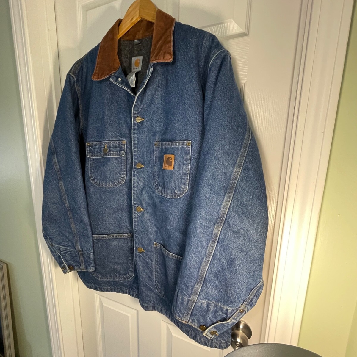 Vtg C59 Carhartt Denim Blanket Lined Corduroy Collar USA Barn Coat