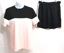 Womens Athletic Fit Sports Gym Wear Shirt With Shorts Set Size Large Black Pink