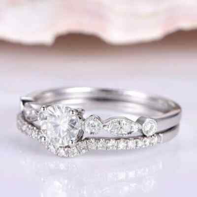 2 Ct Round Cut Real Moissanite Wedding Bridal Ring Set In 14K White ...