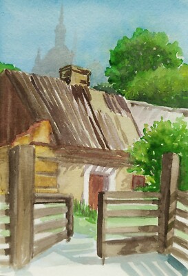 Original watercolor painting Europe cityscape old building old house art 7x5''