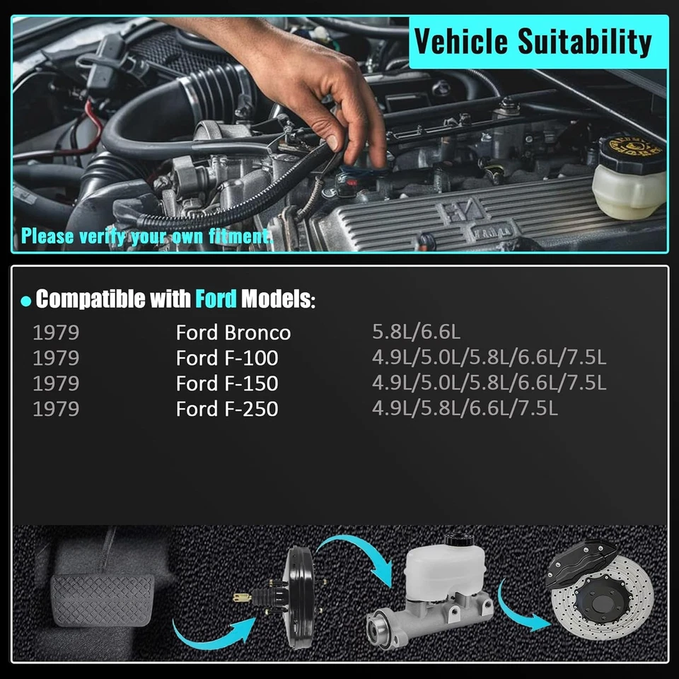 PartsFlow Power Brake Booster 54-73717 compatible con Ford Bronco F100 F150...  Foto 3 de 4