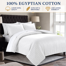 Hotel Bedding 100%EgyptianCotton 600-1000TC-Duvetset Fitted-WhiteStrip-UK Double