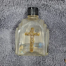 Vintage Art Deco Holy Water Bottle, Sprinkler Cap, Gold Paint Embossed Crucifix
