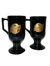 Vintage Bechtel Pedestal Mug Coffee Cup Black & Gold Milk Glass Lot Of 2