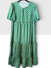 Green & White Geometric A-Line Midi Dress L Puff Sleeve Tie Neck