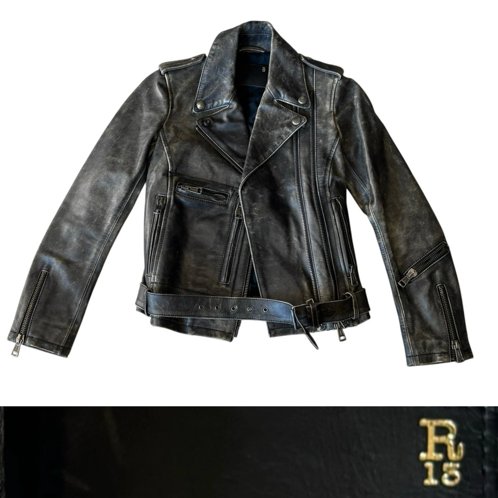 R13 Distressed Leather Moto Biker Jacket Women’s In Faded Black image 1