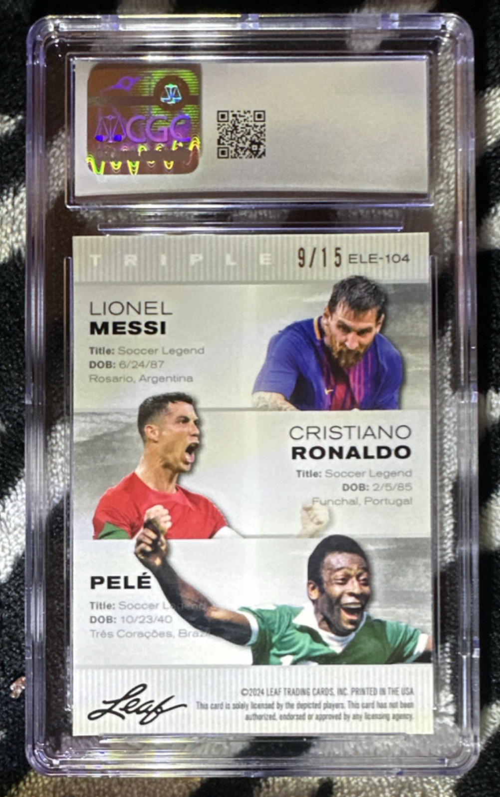 2024 Leaf Metal Legends Messi Ronaldo Pele Purple Mojo #ELE-104 /15 CGC 10 view 3