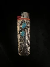  Vintage Sterling Silver Turquoise Cigarette Lighter Case Feather Floral