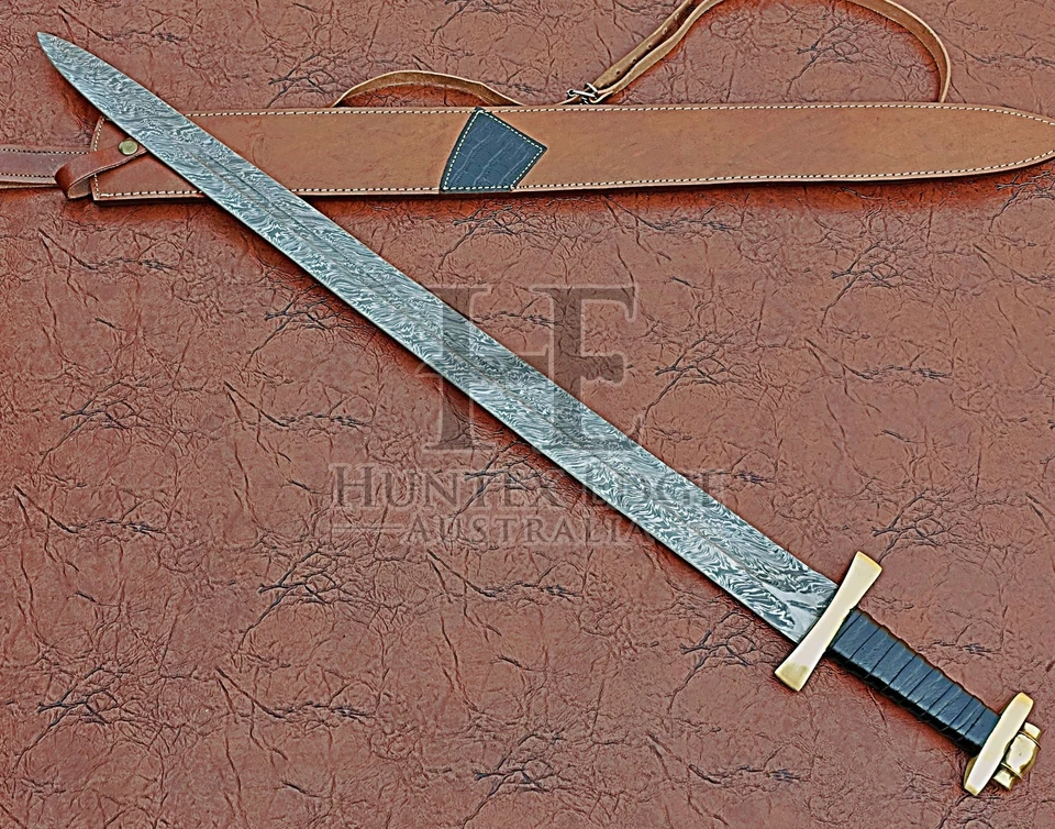 HUNTEX Handmade Damascus Blade, Leather Wrapped Hilt, 96cm Medieval Viking Sword - Image 4 of 4