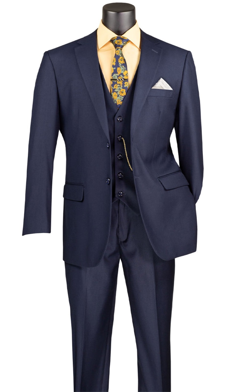 Vinci Men's Regular Fit 3-Piece Solid Color Suit Navy