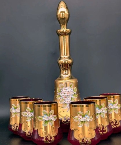 Signierte Murano Glas Karaffe Set mit sechs Gläsern 24K Blattgold - San Marco - Bild 3 von 20