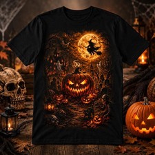 Haunted Pumpkin Flying Witch Graphic Halloween T-Shirt Spooky Unisex Tee S-3XL