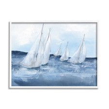 Sailboats Coasting Ocean Waters Blue White Framed Wall Art, 14 x 11