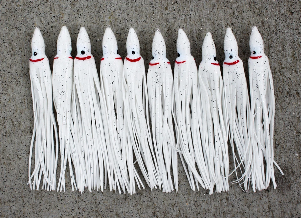 CUSTOM OFFSHORE TACKLE Lot Of 10 Hoochie Squid Skirts Un Rigged Fishing Lures 4 3/4" PEARL Hoochies