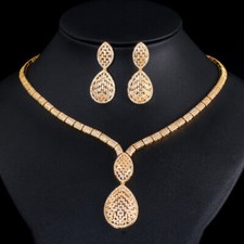 Dubai Yellow Gold Plated CZ Dangle Drop Wedding Necklace Earrings Jewelry Set