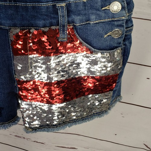 Justice Girl’s Denim Sequin American Flag Summer Shortalls Overalls Size 12 - Picture 7 of 13