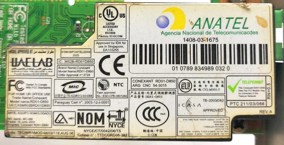 Anatel RD01-D850 5188-2906 Modem PCI - Image 4 of 4