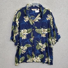 Sunny Island Men Button Up Shirt 2XL Blue Green Floral Hawaiian Pocket Collar