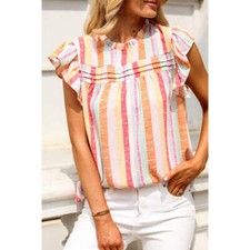 Ruffled Striped Round Neck Cap Sleeve Blouse