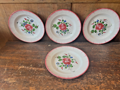 Antike Fayence Teller rosa Rosen, dekorative Küchendeko / französischer Tisch / 4 Stück