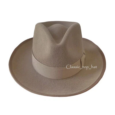 Sombrero clásico camel 100 % lana australiana ala ancha Fedora Trilby - Imagen 1 de 4